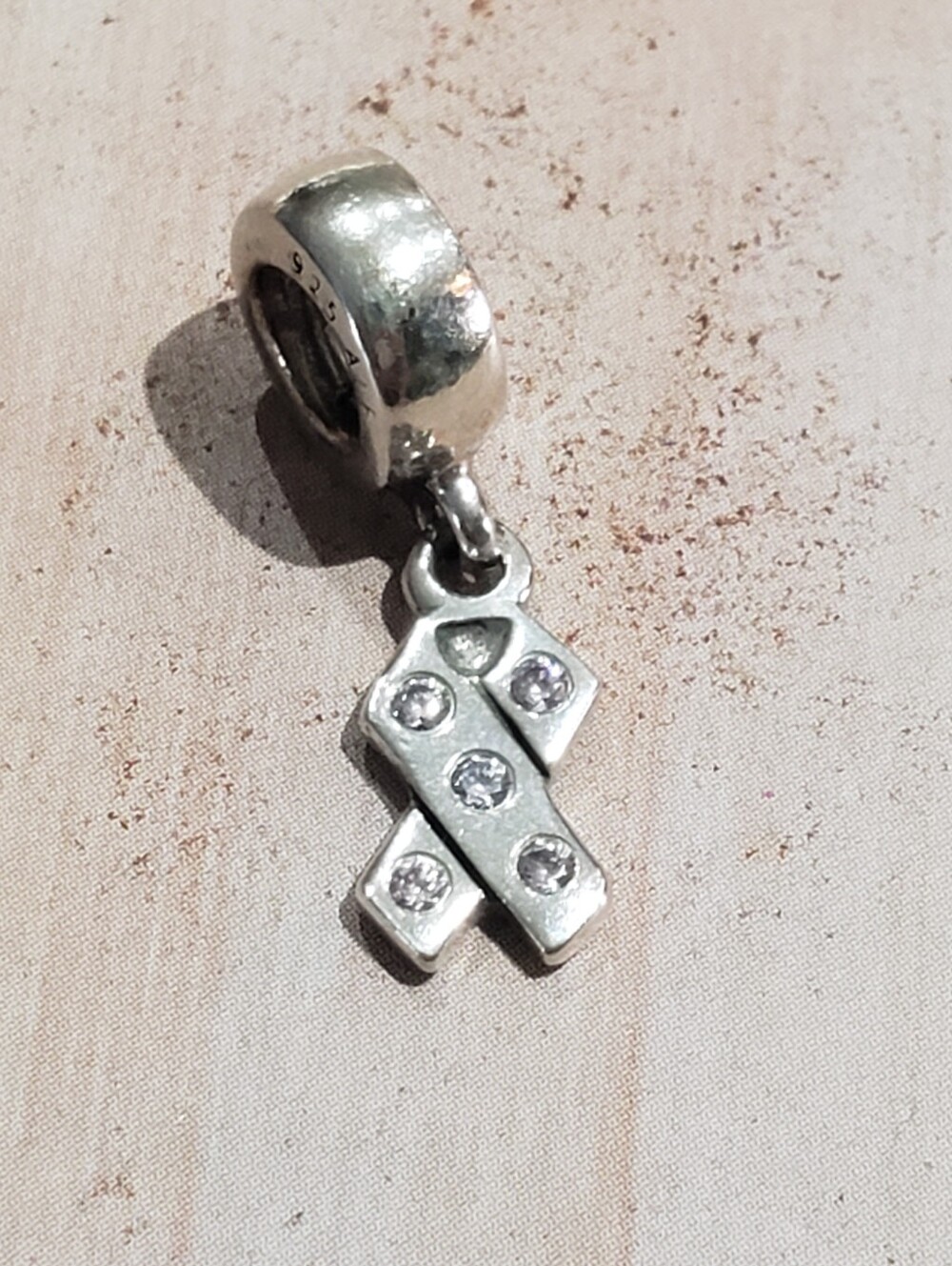 Pandora Sterling Silver Ribbon Charm Pendant with Pale Pink Stones
